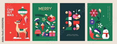 Set of Merry Christmas and Happy New Year background, banner, cover, poster design with trendy flat style illustration.