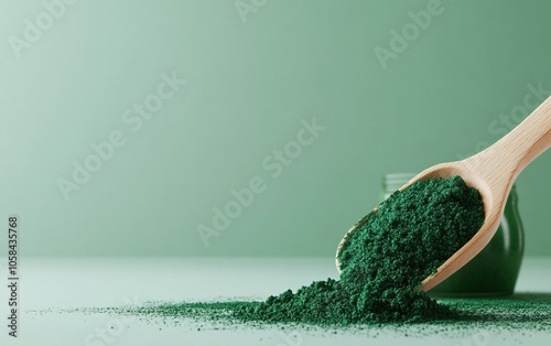 A wooden scoop pouring green powder on a light green surface, suggesting a natural ingredient, possibly spirulina or another superfood.