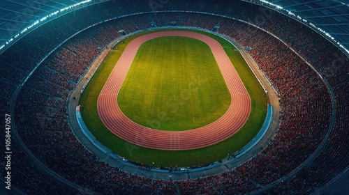 Aerial view of a crowded sports stadium with lush green field and running track.