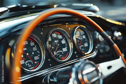 Sports car interior focusing on dashboard details like speed and fuel gauges.