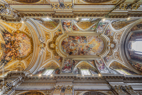 The ceiling fresco (Triumph of Franciscans order/Trionfo dell'Ordine) in church Basilica dei Santi XII Apostoli. Rome, Italy