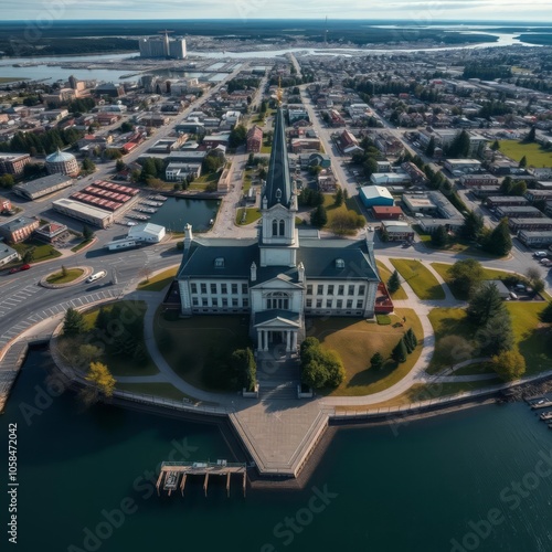 Wide aerial panorama of the kuban river enveloping the city of krasnodar in the area of the agricultural university on a sunny day in late spring aerial city Ultra realistic Photorealistic 