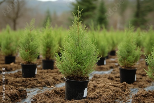 Small cypress or thuja trees growing in pots in tree farm nursery