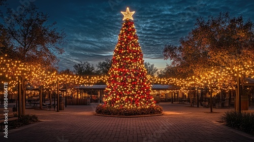 Christmas tree illuminating town square at dusk, creating festive atmosphere