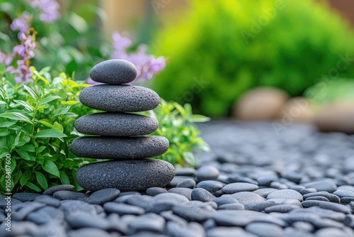 Stack of zen stones showing balance and harmony in a peaceful garden