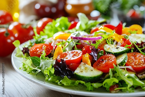 a?? Gourmet salad with a variety of fresh ingredients beautifully plated on a white dish.