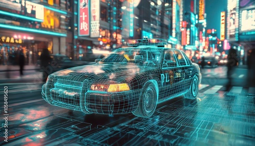 Wireframe police cruiser in AR navigating through a digitally recreated urban landscape.