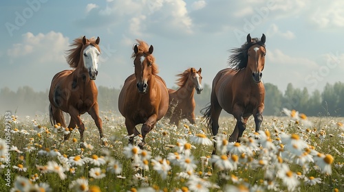 Stunning Horses Running Through a Field of Daisies