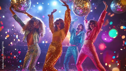 1970s Disco Dancing. A group of friends grooving to the funky beats at a discotheque, wearing flashy disco attire, and dancing under glittering disco balls during the disco era of the 1970s