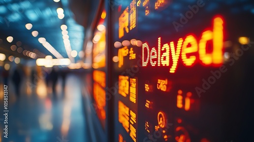 Flight information display showing delayed status in an airport terminal.