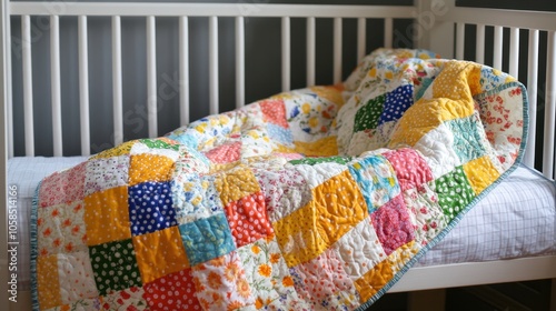 Colorful Patchwork Quilt on Baby Crib in Nursery Room