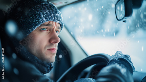 A concerned driver checks the rearview mirror while navigating through snow-covered streets during winter