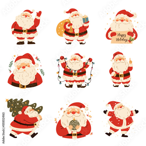 A set of flat vector Christmas illustrations. Cute Santa Clauses in different poses. Vector illustration