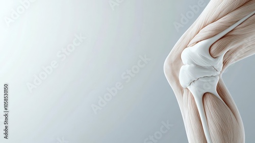 Detailed anatomical illustration of a human knee joint on a light background.