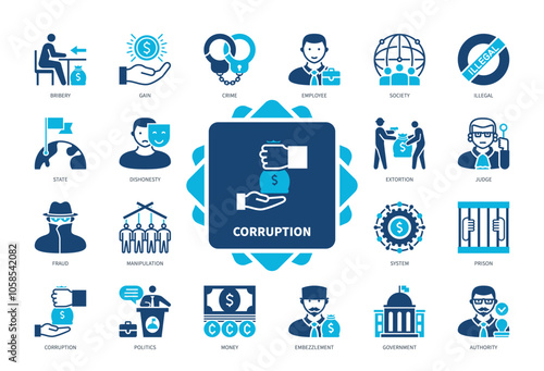 Corruption icon set. Bribery, Extortion, Dishonesty, Fraud, Money, Prison, Authority, Government. Duotone color solid icons