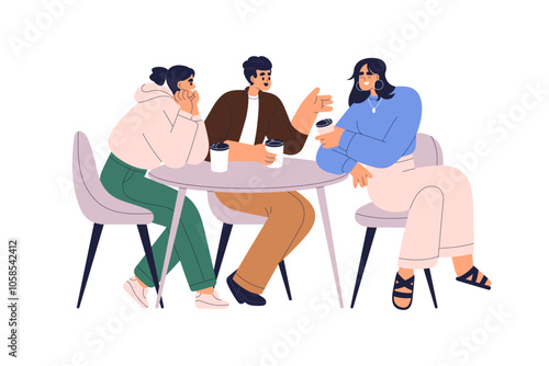 Friends talking at table, enjoying coffee and conversation. Happy people group meeting for friendly communication, sitting and chatting, speaking. Flat vector illustration isolated on white background