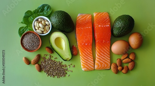 Keto diet concept - salmon, avocado, eggs, nuts and seeds, bright green background, top view