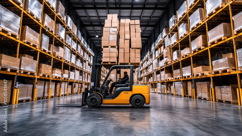 Warehouse interior with forklift operator maneuvering pallets of boxes between high shelves for storage and distribution