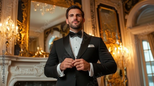 Elegance personified a stylish man in tuxedo before a grand fireplace