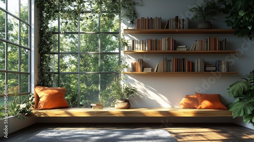 Zoom Virtual Background: Cozy Minimalist Home Decor Shelves Displaying Houseplants and Books. Cozy Interior Backdrop with Sunshine for Peaceful Living Room Backgrounds in Virtual Meetings