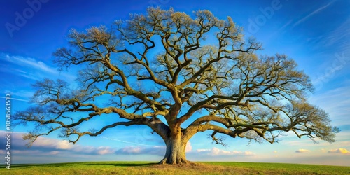 Oak tree with gnarled branches and twisted trunk standing against a blue sky, rustic, outdoors, tree, wilderness