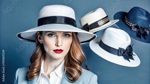 A stylish woman models various fashionable hats against a blue backdrop, showcasing chic accessories for any occasion.