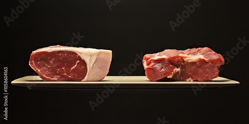 Slices of pork and beef are precariously balanced on the edge, symbolizing an overabundance of animal protein in our diets.