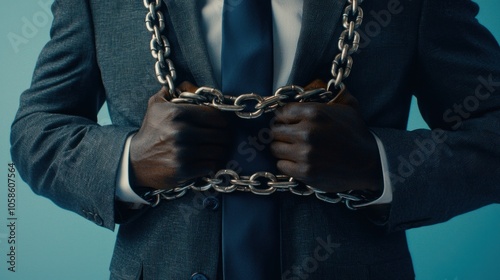 High-resolution close-up of isolated professional abbe with chains symbolizing restraint and power dynamics in business context