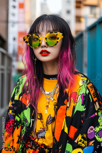 Stylish young asian woman with pink highlights in her hair and unique yellow sunglasses poses in an urban environment, showcasing a vibrant and trendy harajuku inspired outfit