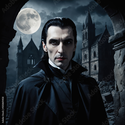 Portrait of vampire count Drakula in his castle.