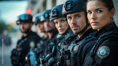 Police team standing in front of a station engaged in discussion and planning