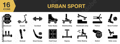 Urban Sport solid icon set. Includes street hockey, stickball, skateboarding, segway, scooter, and More. Solid icons vector collection.