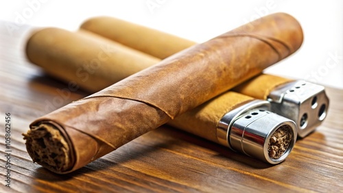 Different types of cigars and cigarillos displayed with a lighter in a long shot