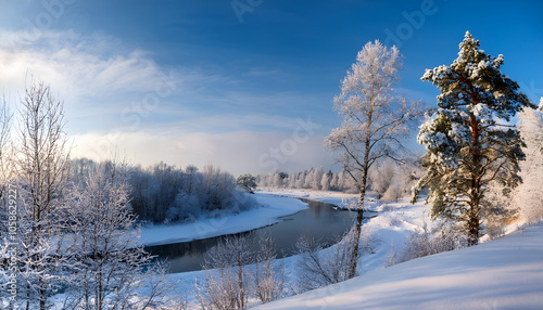 A tranquil winter scene featuring snow-blanketed trees alongside a peaceful river under a bright blue sky, evoking feelings of calm and serenity.