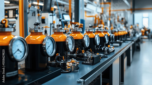 Industrial laboratory with a row of orange and black pressure gauges on a workbench, showcasing precision instruments in a manufacturing environment with blurred background details.