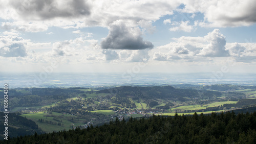 View of the Czech countryside from the Velká Deštná lookout in the Orlické Mountains.