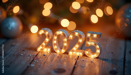 Año 2025 en letras corpóreas con luz en el interior de una casa y luces decorativas al fondo. Año nuevo