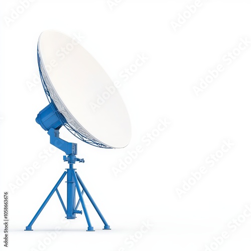 A blue satellite dish on a tripod stand, used for communication and signal reception.