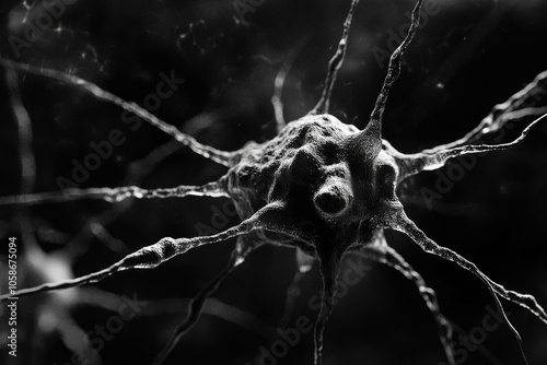 High magnification image of a neuron's cell body and dendrites