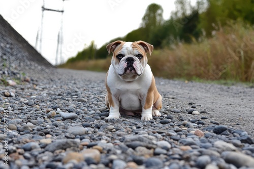 Bulldog adult dog, sturdy build, calm and loyal, white and fawn coat, wrinkles on face, sitting with proud expression