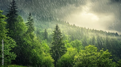 A dramatic, heavy rainstorm falls upon a lush green forest, creating a moody and atmospheric scene.