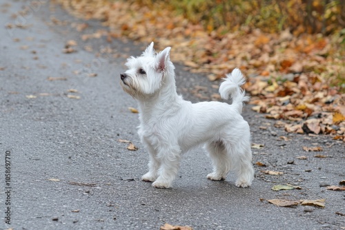 West Highland White Terrier adult dog, sleek with white coat, standing confidently, loyal and energetic expression