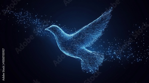 A digital illustration of a white dove in flight, composed of glowing lines and points of light against a dark blue background.