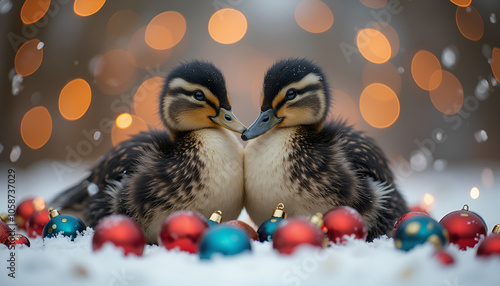 Two ducklings on snow with Christmas baubles and holiday lights