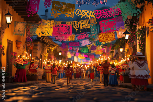 vibrant Las Posadas celebration in a traditional Mexican village, participants walking in procession holding candles and singing carols, colorful decorations like papel picado and piñatas hanging abov