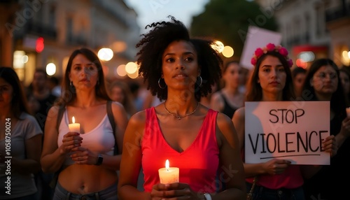 Stop violence against woman march, a diverse group of women gathered in a public square