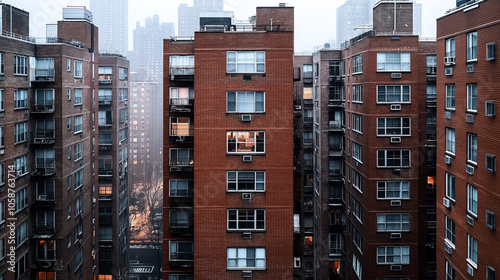 High-rise brick apartment buildings in an urban setting, with overcast skies and glimpses of glowing windows at dusk, showing a cityscape with modern residential architecture.