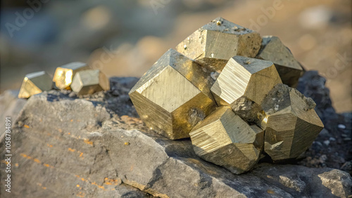 A cluster of pyrites in a geological formation, showcasing their intricate crystalline structure and metallic luster.