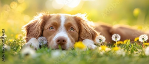  A tight shot of a dog reclining in a lush grass field, surrounded by dandelions gently framing its face