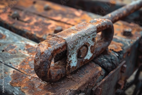 A rusty old metal object sits atop a wooden plank, with a simple and worn surface